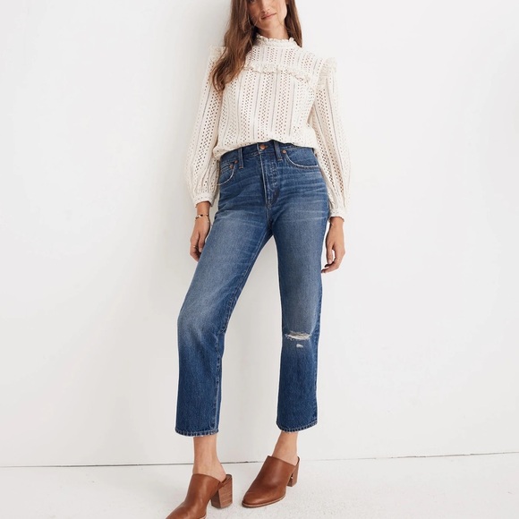 Madewell Petite Classic Straight Leg Jeans Jade Wash Knee-Rip Edition size 26 - Picture 1 of 16